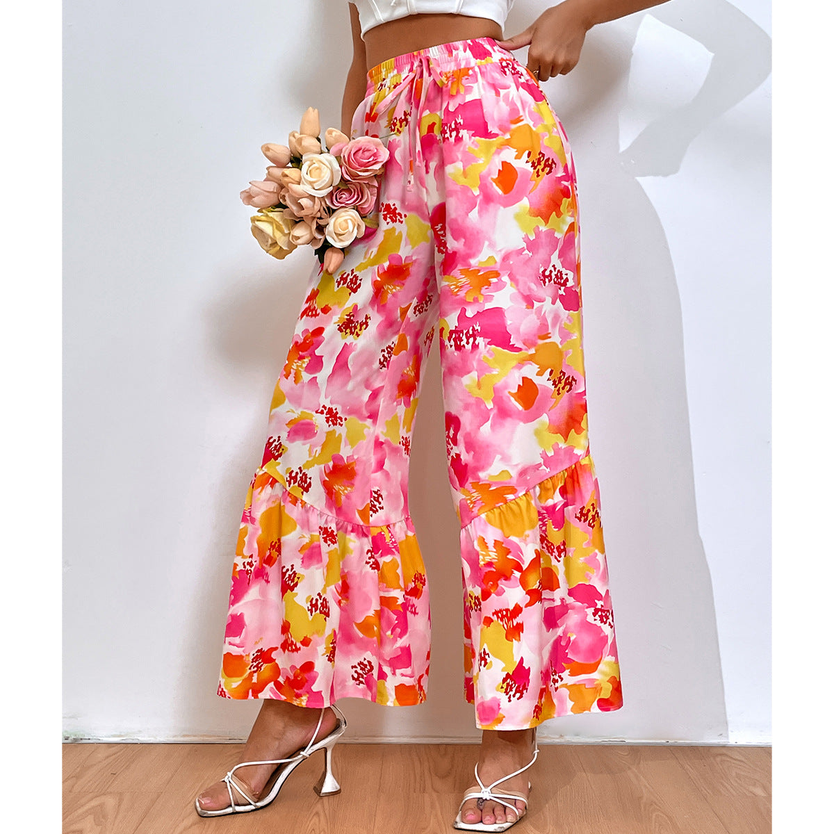 Damen Palazzo-Hose bunt Blumenmuster Rüschendetails - Norvielle