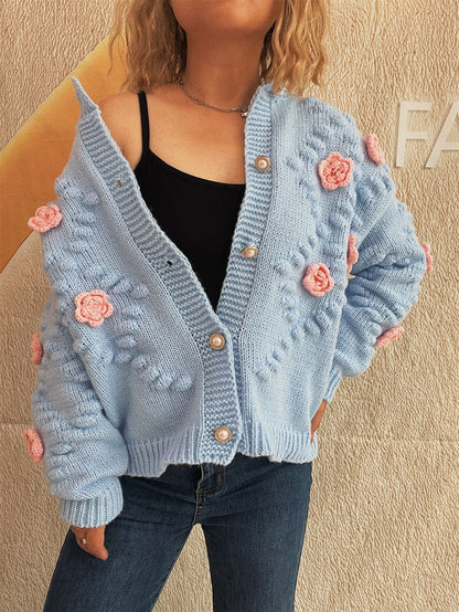 Damen Strickjacke Floralmuster Perlenknöpfe Norvielle