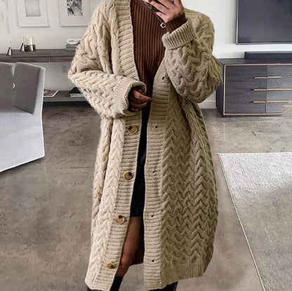 Damen Strickcardigan Voluminöser Zopfdesign Knopfverschluss Beige