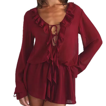 Damen Chiffonbluse Elegante Rüschendekoration V-Ausschnitt Norvielle