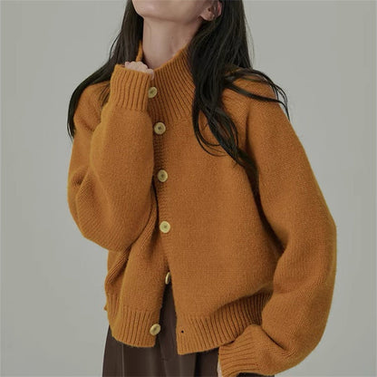 Damen Strickjacke Hochkragen Große Holzknöpfe Norvielle