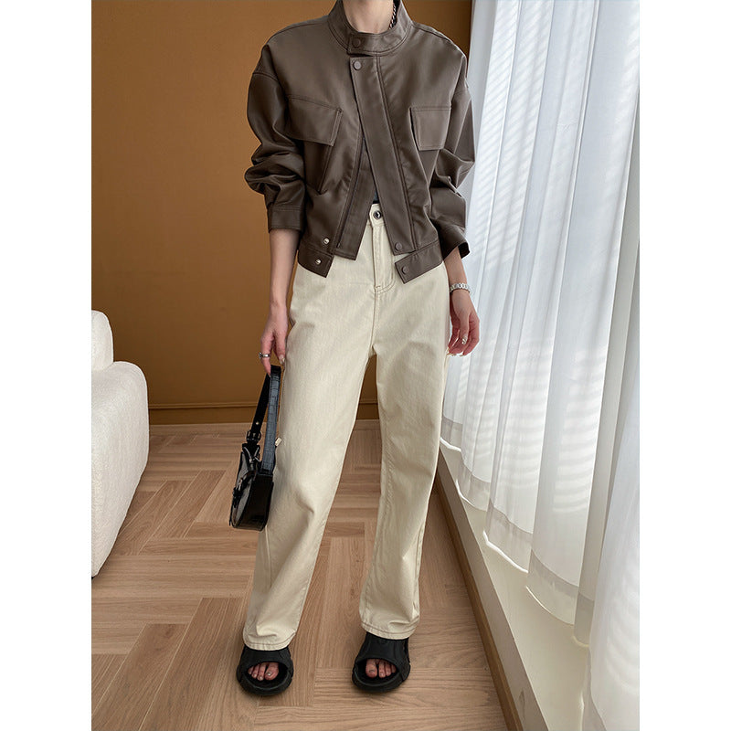 Damen Kunstlederjacke Sportlich Mit Taschen