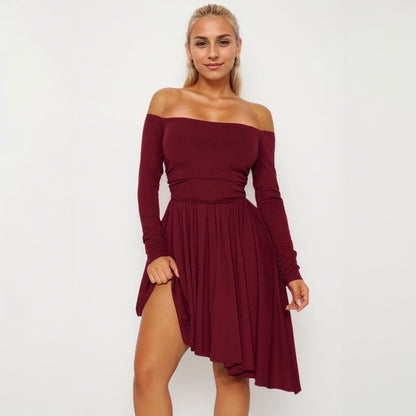Damen Off-Shoulder Midi-Kleid Asymmetrisch Langärmlig