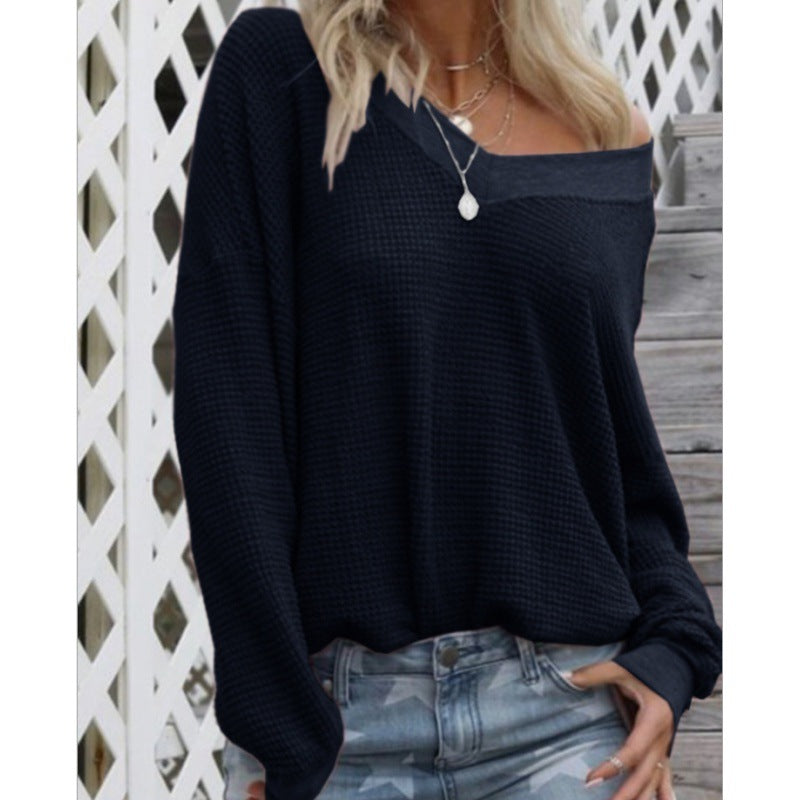 Damen Oversized Pullover Baumwolle V-Ausschnitt Rippdetails Norvielle