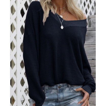 Damen Oversized Pullover Baumwolle V-Ausschnitt Rippdetails Norvielle