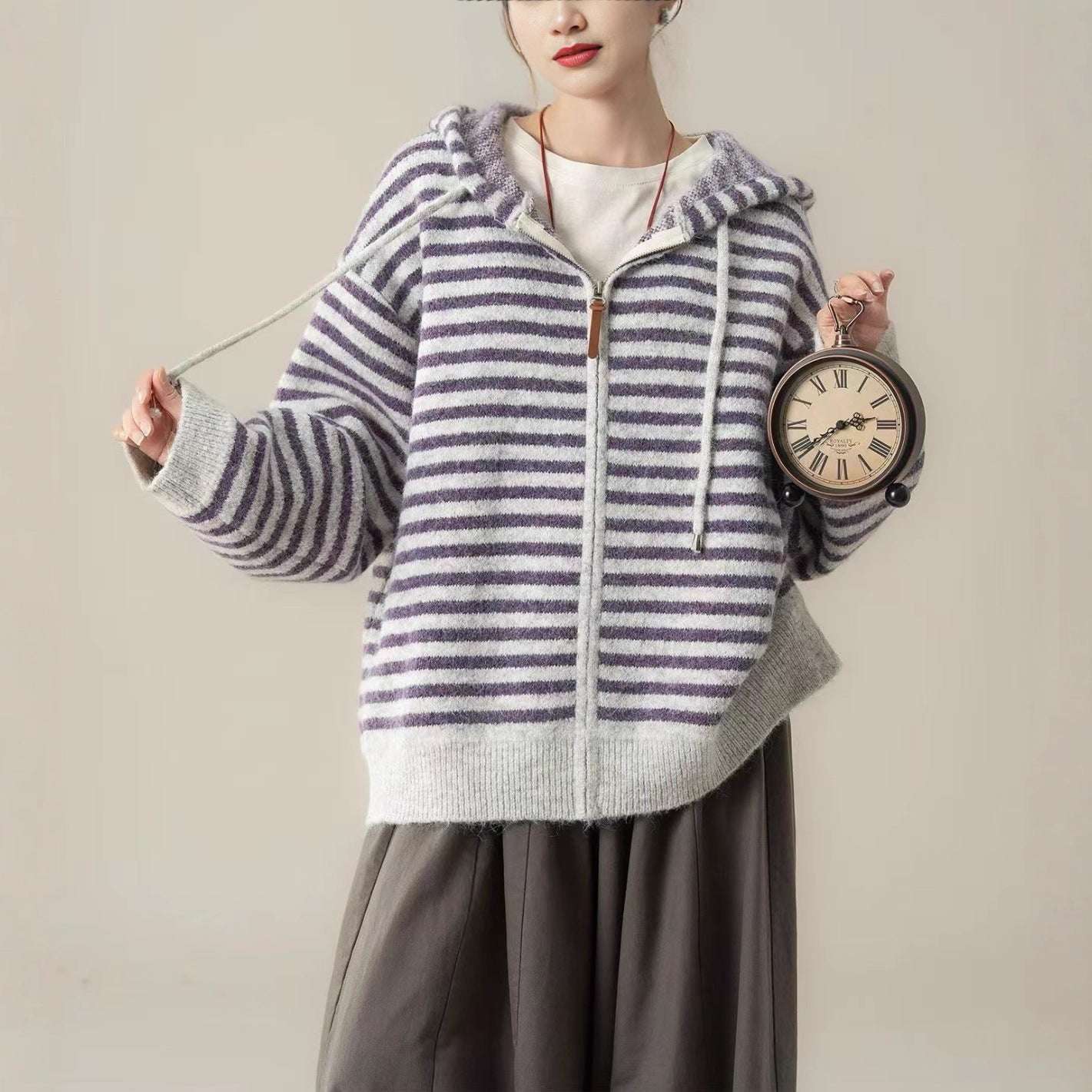 Damen Freizeit-Hoodie Gestreift Mit Kängurutasche Schwarz - Norvielle