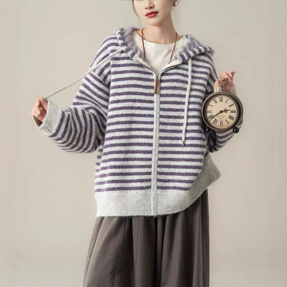 Damen Freizeit-Hoodie Gestreift Mit Kängurutasche Schwarz - Norvielle