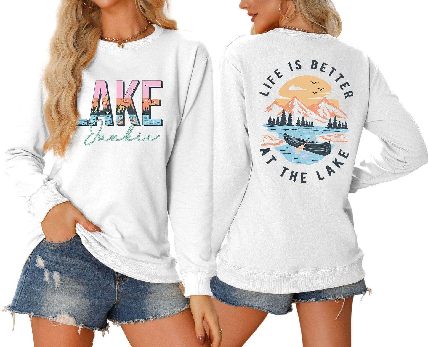 Damen Langarmshirt Lake-Motiv Leicht Lässig Weiß
