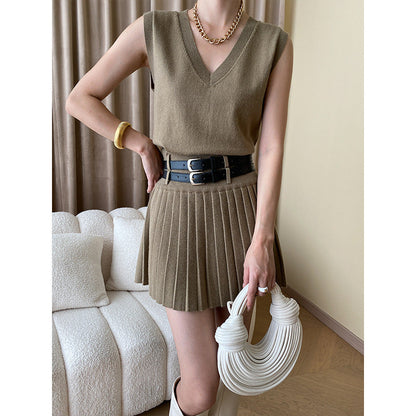 Damen Strickpullover V-Ausschnitt Plissierter Rock Norvielle