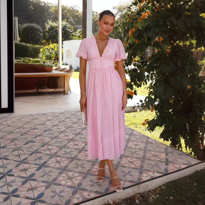 Damen Maxi-Kleid V-Ausschnitt Rüschen Design