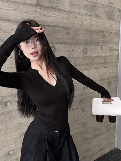 Damen Langarmshirt V-Ausschnitt Figurbetonter Stoff Norvielle