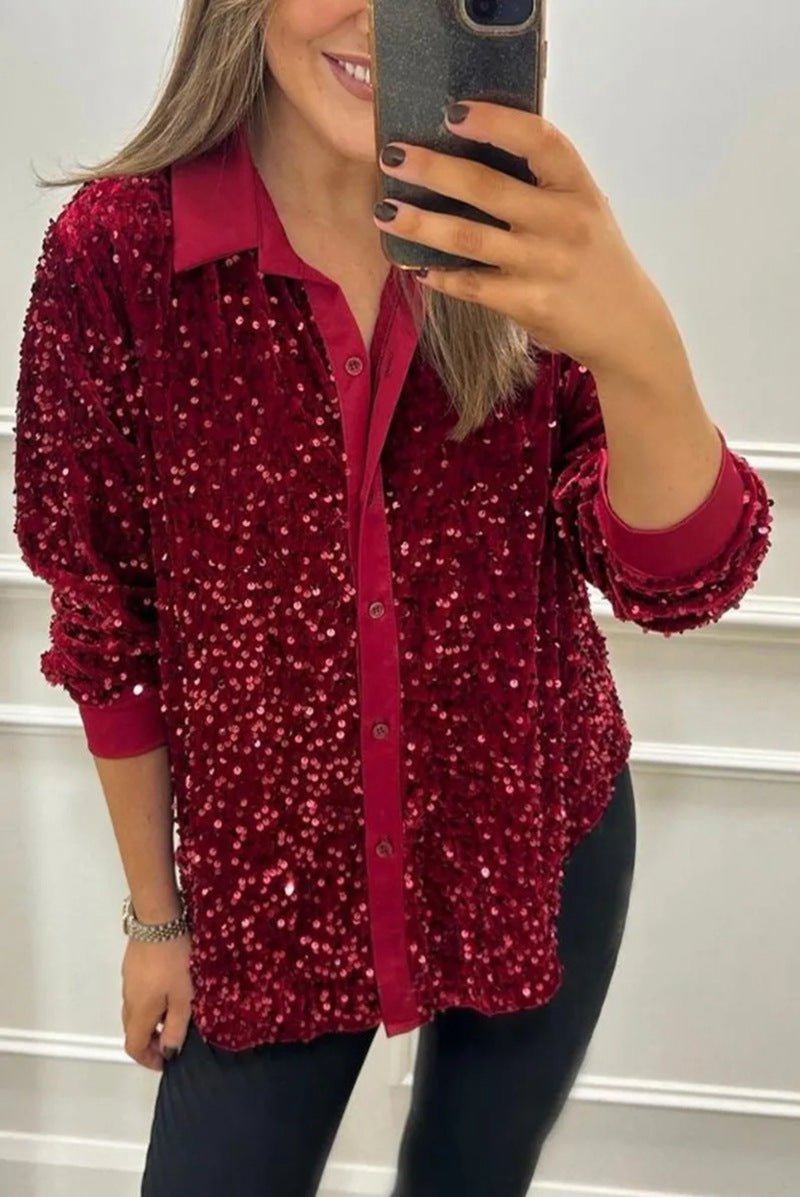 Damen Paillettenbluse Klassischer Kragen Langer Ärmel Norvielle