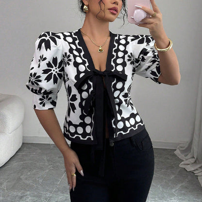 Damen Bluse Floralmuster Schleifenbindung Norvielle