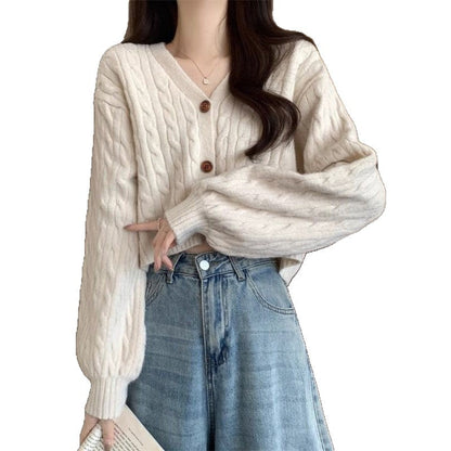 Damen Grobstrick Cardigan Knöpfe V-Ausschnitt Beige
