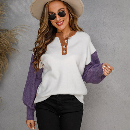 Damen Pullover mit Knopfleiste Kontrastärmel Norvielle