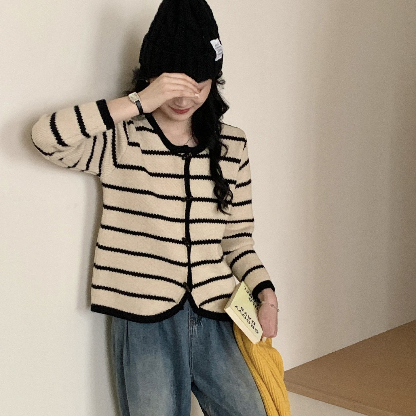Damen Strickjacke Gestreift Elegante Knöpfe Beige