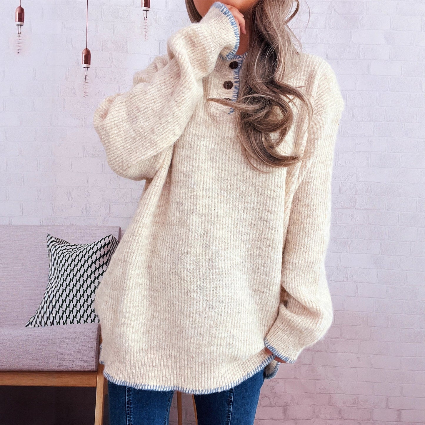 Damen Strickpullover Übergroß Klassisches Knopfdesign Beige