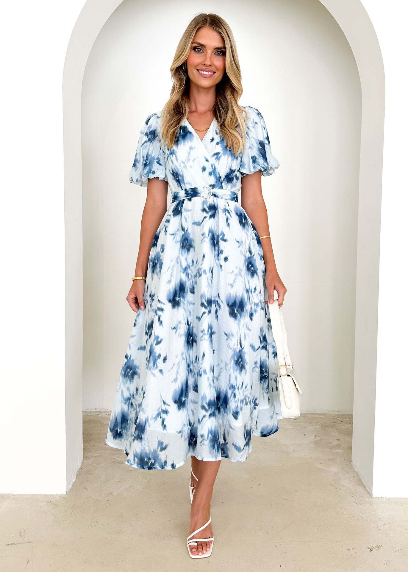 Damen Midi-Kleid Wickeldesign Blumenmuster