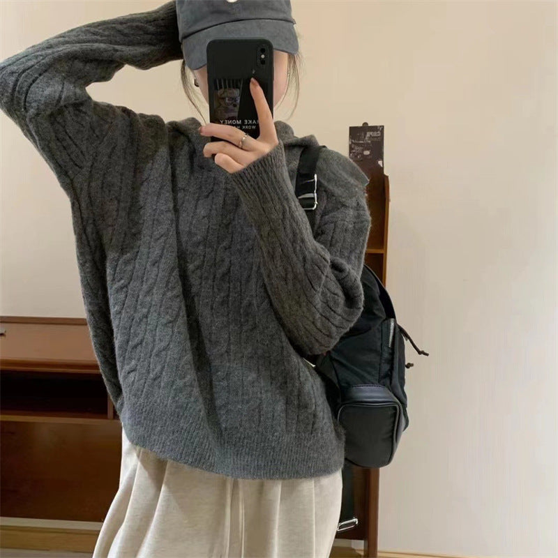 Damen Kuscheliger Strickpullover Kapuze Zopfmuster Norvielle