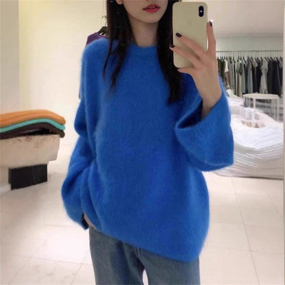 Damen Oversized Pullover Mohair-Wolle Flauschig Beige