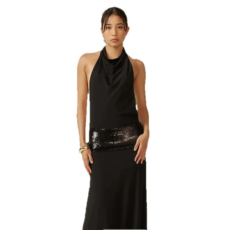 Damen Abendkleid Wasserfallausschnitt Glitzer Taillenelement
