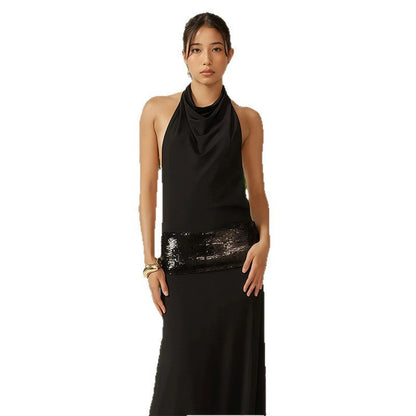 Damen Abendkleid Wasserfallausschnitt Glitzer Taillenelement