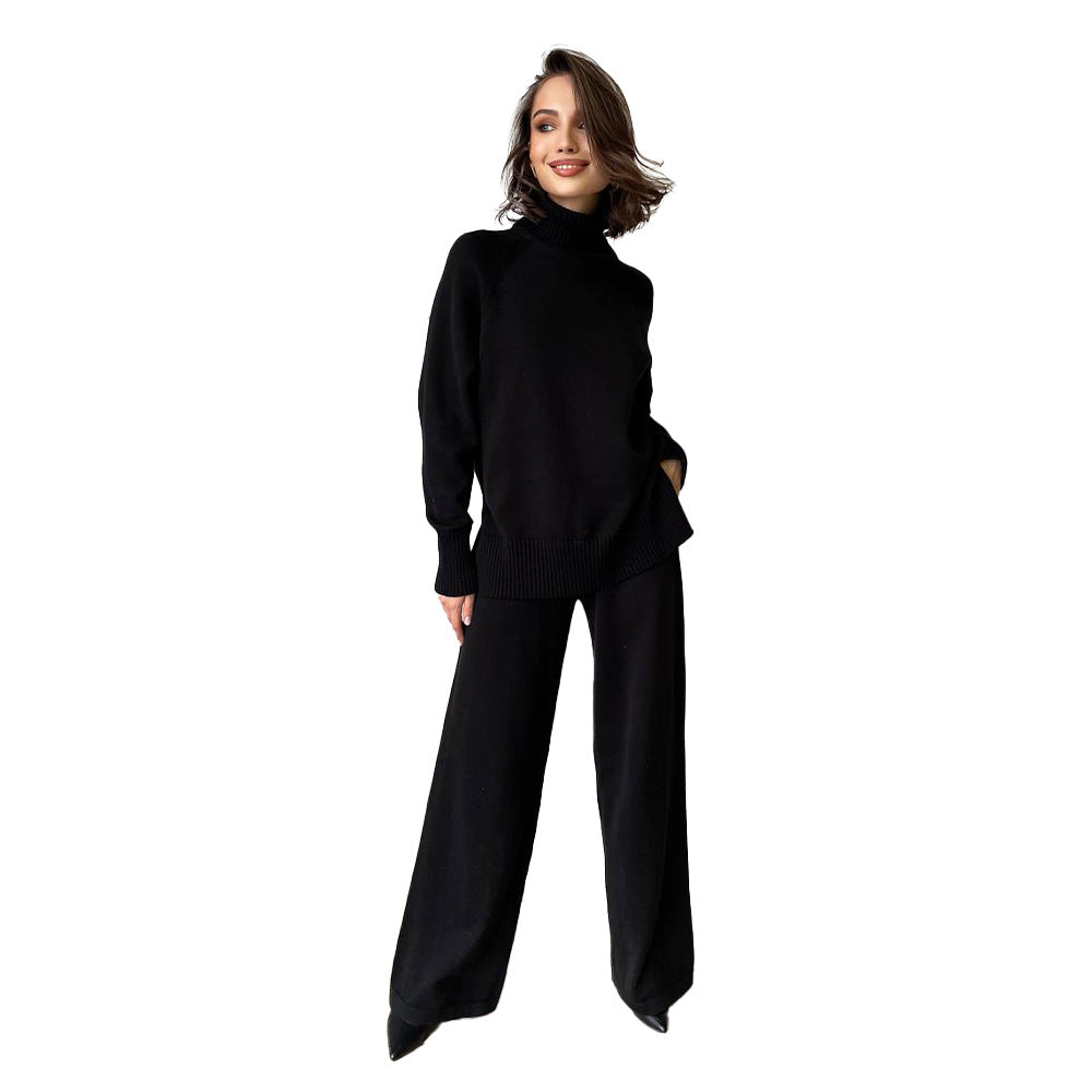 Damen Strickanzug Elegantes Design Hoher Kragen Weites Bein