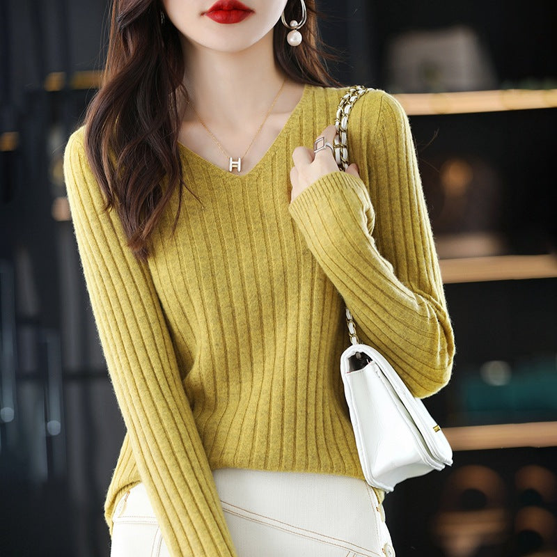 Damen Strickpullover V-Ausschnitt Feinripp