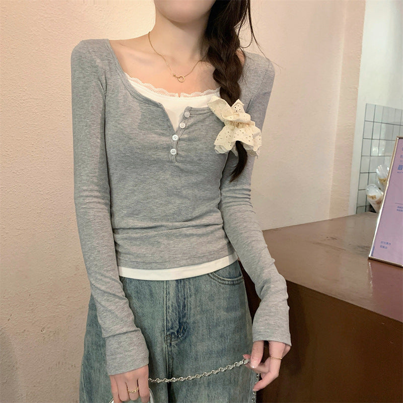 Damen Langarmshirt Knopfverschluss Schleifendetail Norvielle