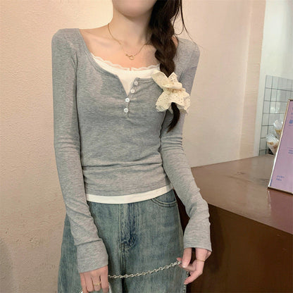 Damen Langarmshirt Knopfverschluss Schleifendetail Norvielle