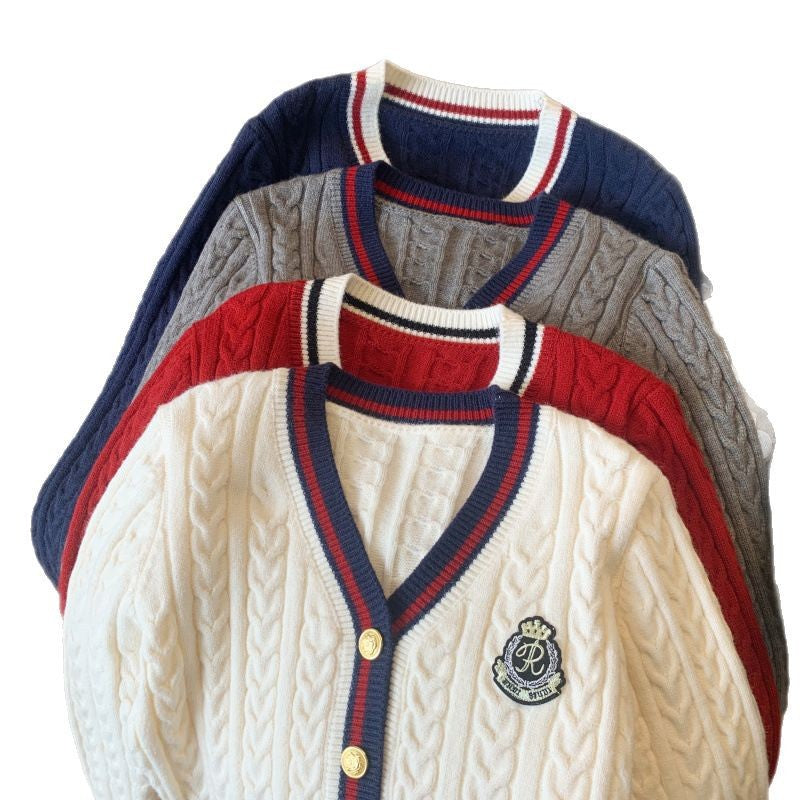 Damen Cardigan Grobstrick Dekorative Knöpfe Streifenmuster Beige