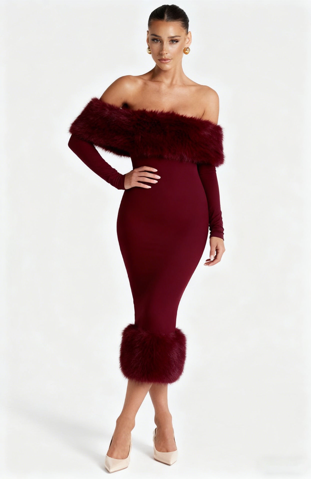Damen Kleid Figurbetont Kunstfell Akzent