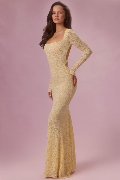Damen Maxikleid Spitze Tailliert Langarm