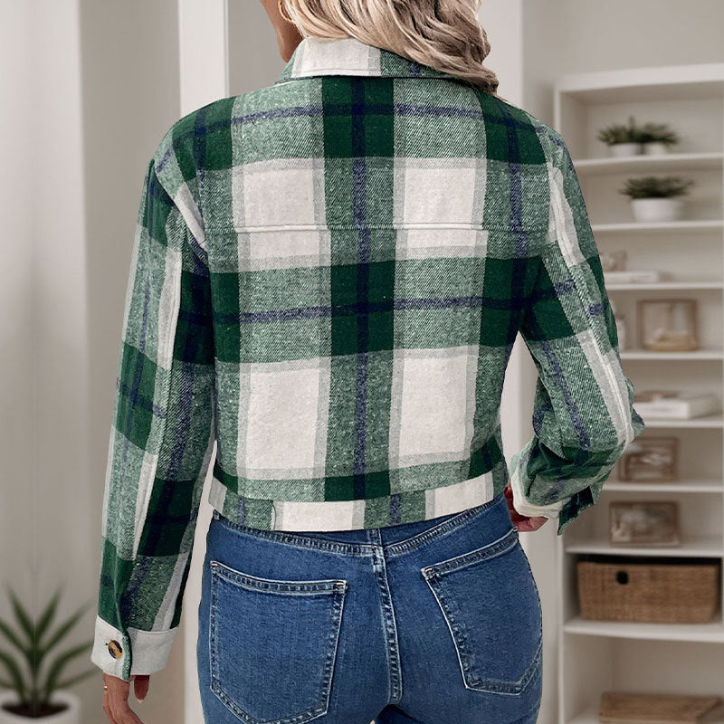 Damen Karobluse Cropped Nostalgisch Knöpfe