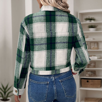 Damen Karobluse Cropped Nostalgisch Knöpfe