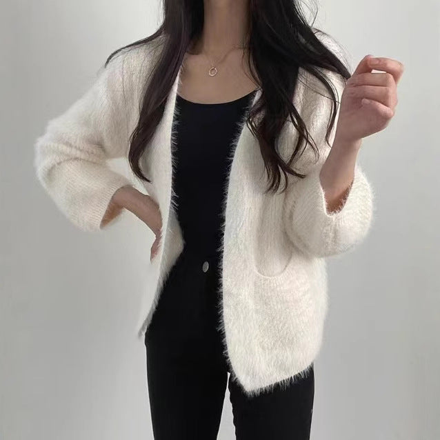Damen Strickjacke Flauschig Offene Fronten Taschen Beige