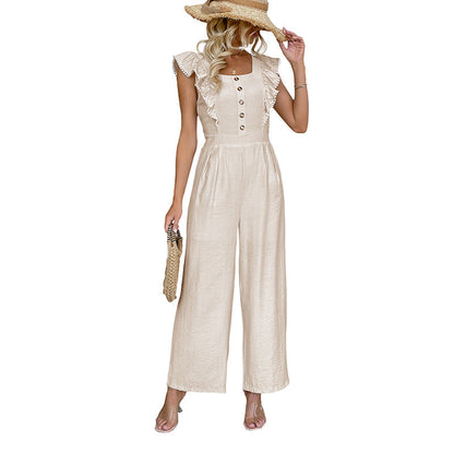 Damen Jumpsuit Röcke Sommerkleid Rüschen Details Knopfverschluss
