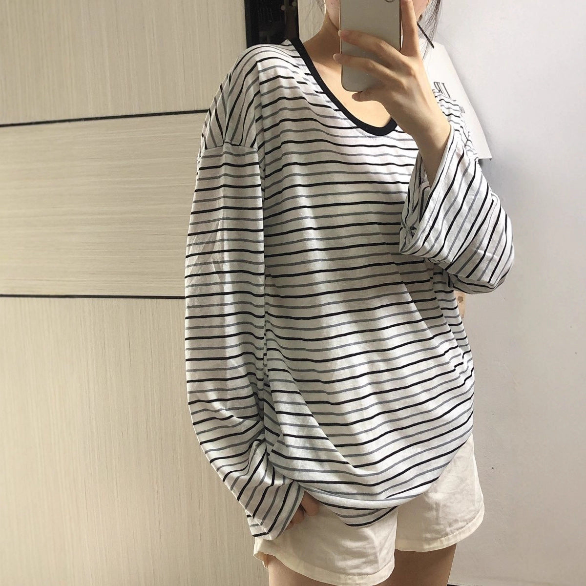 Damen Oversized Longsleeve-Shirt Gestreift Weite Ärmel Norvielle - Norvielle