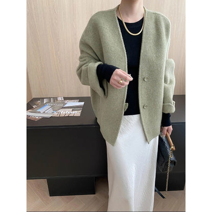 Damen Wolljacke Lässig Doppelter Knopfverschluss Beige - Norvielle