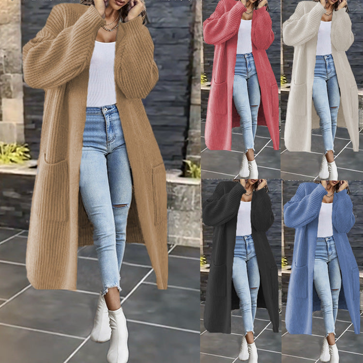 Damen Grobstrick-Cardigan Offenes Frontdesign Mit Taschen Beige - Norvielle