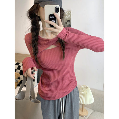 Damen Langarmshirt Offene Schulter Rippstrickmuster Norvielle