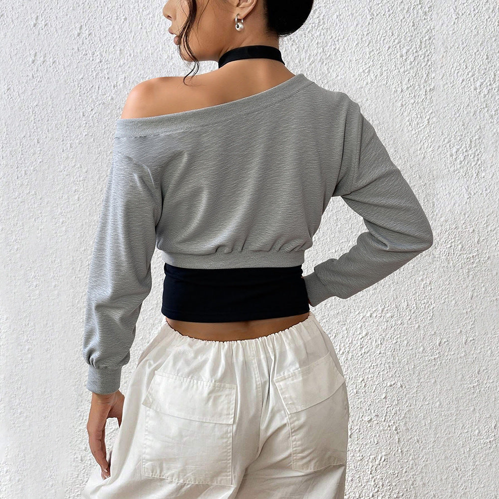 Damen Cropped Sweatshirt Offene Schulter Elastisch Beige