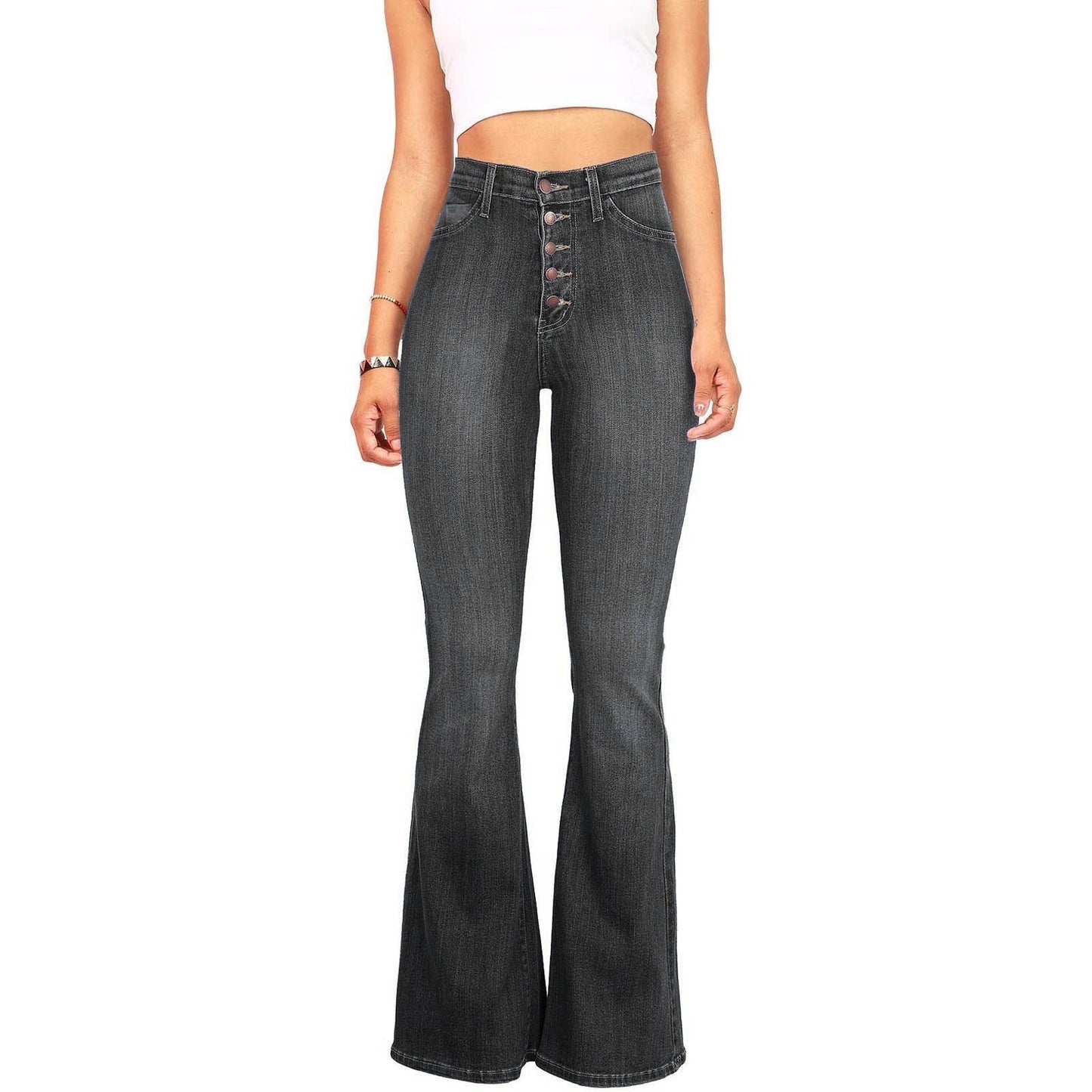 Damen Highwaist Flare Jeans Dekorative Knöpfe Norvielle