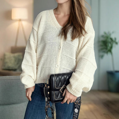 Damen Strickjacke V-Ausschnitt Elegante Knöpfe Beige