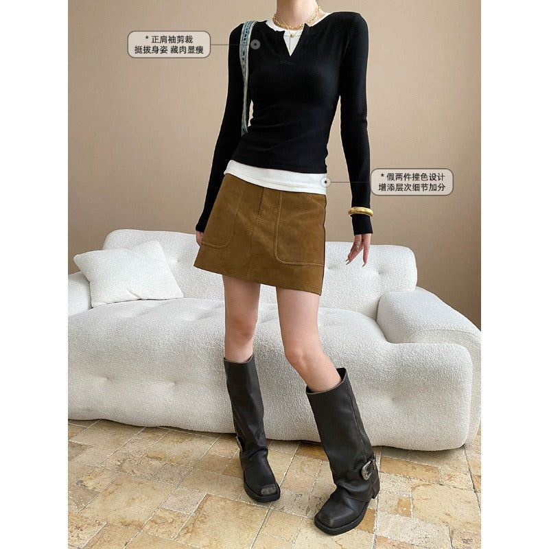 Damen Langarmshirt Figurbetont Hochgeschlossener Ausschnitt Layered