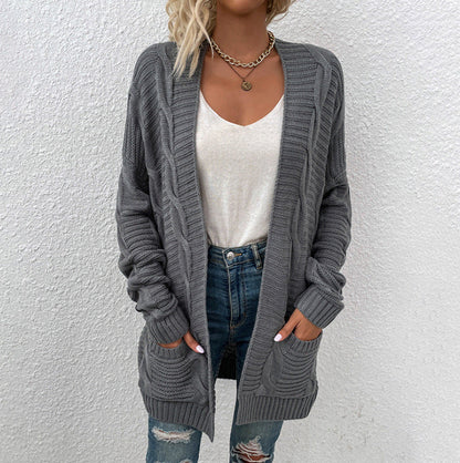 Damen Grobstrick-Cardigan Offenes Frontdesign Mit Taschen Norvielle - Norvielle