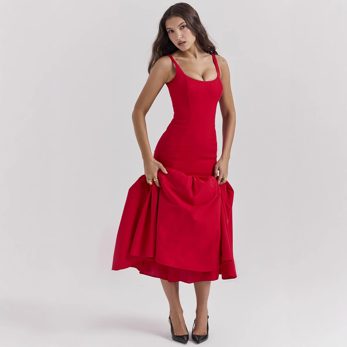 Damen Maxikleid Schwingender Rock Figurbetont Norvielle