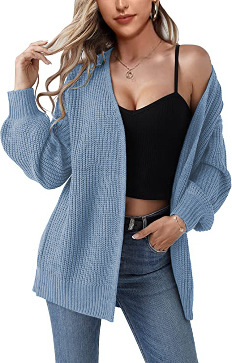 Damen Grobstrick Cardigan Lässig Offene Maschen Beige
