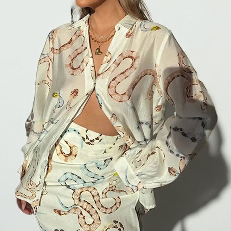 Damen Midikleid Schlangenmuster Transparente Ärmel Norvielle - Norvielle