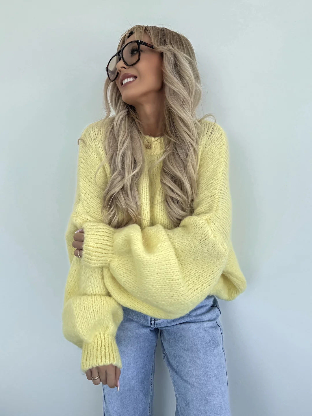 Damen Strickpullover Luftiger Look Voluminöse Ärmel Norvielle